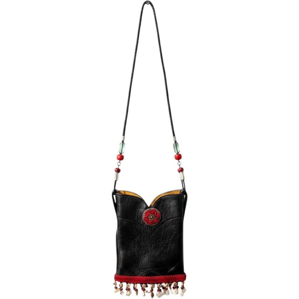 Caborca Boots Upcycled Black Leather Crossbody Bag Red Concho Shell Fringe Boho